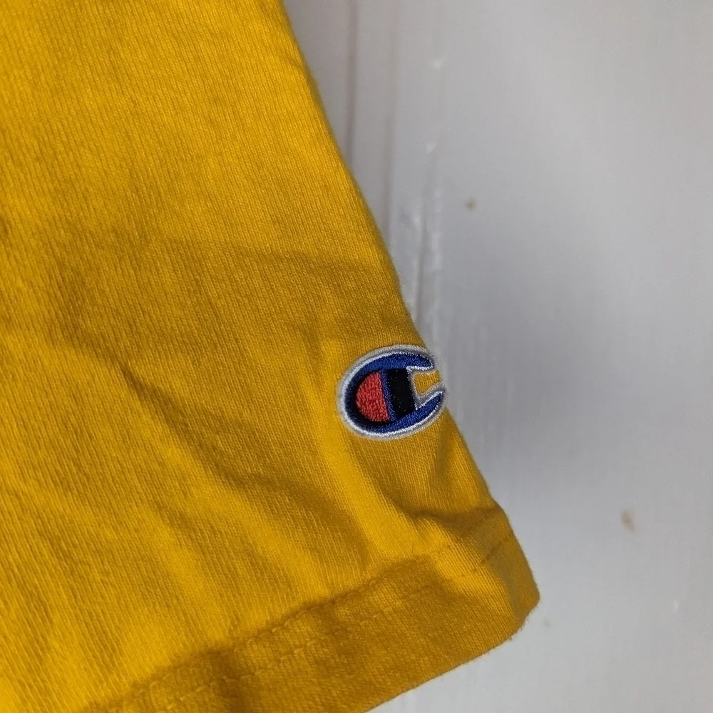 Champion Shirt Mens Medium Yellow Spellout Script Logo Gym Cotton Casual - Picture 2 of 6